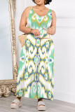 Gray Green Casual Geometric Print Floral Print Pocket Contrast V Neck Loose Jumpsuits