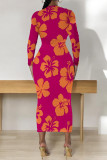 Light Green Elegant Flowers Print Gradient Contrast O Neck Printed Dresses