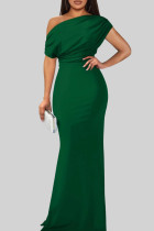 Green Elegant Solid Color Patchwork Oblique Collar Long Dresses