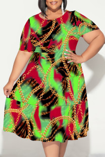 Red Green Sexy Colorblock Chain print Patchwork Contrast O Neck Printed Plus Size Dresses