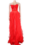 Red Sexy Solid Color Lace See-Through Mesh Strapless Long Dresses