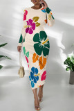 Light Green Elegant Flowers Print Gradient Contrast O Neck Printed Dresses