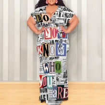 Multicolor Casual Print Patchwork Strap Design V Neck Long Plus Size Dresses