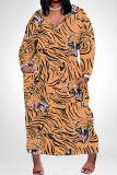 Light Pink Street Animal Print Stripe Pocket Contrast V Neck Printed Plus Size Dresses