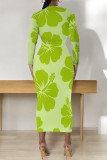 Light Green Elegant Flowers Print Gradient Contrast O Neck Printed Dresses