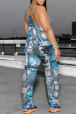 White Grey Casual Faux Denim Print Pocket Contrast U Neck Loose Jumpsuits