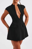 Brown Red Casual Solid Color Patchwork Deep V Neck A Line Dresses