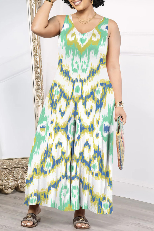 Light Green Casual Geometric Print Floral Print Pocket Contrast V Neck Loose Jumpsuits