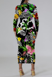 Deep Blue Elegant Floral Print Contrast O Neck Printed Dresses
