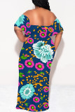 Tibetan Blue Sexy Floral Print fruit Ruffle Contrast Off Shoulder Printed Dresses