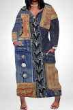 Dark Blue Street Faux Denim Print Pocket Contrast V Neck Printed Plus Size Dresses