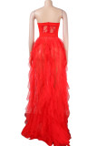 Red Sexy Solid Color Lace See-Through Mesh Strapless Long Dresses