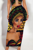 Gold Casual Print portrait Contrast Skinny High Waist Full Print Bottoms