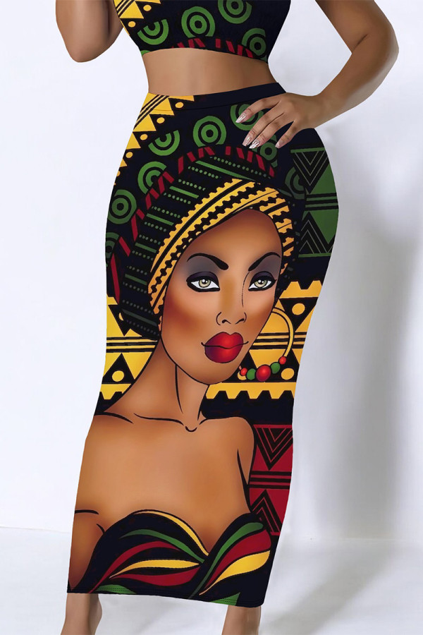 Black Casual Print portrait Contrast Skinny High Waist Full Print Bottoms