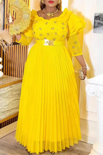 Yellow Casual Solid Color With Belt Pleated Ruffled Trim O Neck A Line Plus Size Dresses
