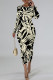 Black Elegant Geometric Print Bronzing Pattern Contrast O Neck Printed Dresses