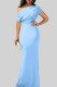 Baby Blue Elegant Solid Color Patchwork Oblique Collar Long Dresses