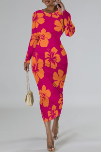 Rose Red Elegant Flowers Print Gradient Contrast O Neck Printed Dresses