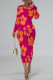 Rose Red Elegant Flowers Print Gradient Contrast O Neck Printed Dresses