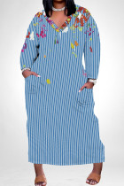 Blue Street Animal Print Stripe Pocket Contrast V Neck Printed Plus Size Dresses