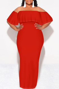 Red Sexy Solid Color Ruffle Off Shoulder Long Dresses
