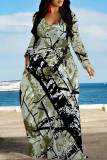 Green Casual Floral Print Pocket Contrast V Neck Printed Dresses
