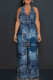 Dark Blue Street Faux Denim Print Pocket Lace Up Backless Halter Loose Jumpsuits