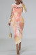 Pink Street Tie Dye Letter Print Contrast O Neck One Step Skirt Dresses