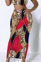 Red Casual Letters Gradient Splashed ink printing Leopard Contrast Skinny High Waist Full Print Bottoms