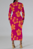 Light Green Elegant Flowers Print Gradient Contrast O Neck Printed Dresses