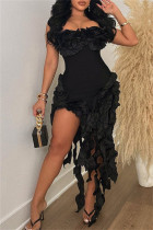 Black Sexy Solid Color Patchwork Backless Strapless Irregular Dresses
