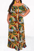 Green Sexy Leopard Print Gradient Chain print Ruffle Contrast Off Shoulder Printed Dresses