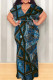 Blue Black Casual Print Patchwork Strap Design V Neck Long Plus Size Dresses