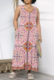 Gray Green Casual Geometric Print Floral Print Pocket Contrast V Neck Loose Jumpsuits