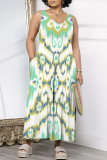 Gray Green Casual Geometric Print Floral Print Pocket Contrast V Neck Loose Jumpsuits