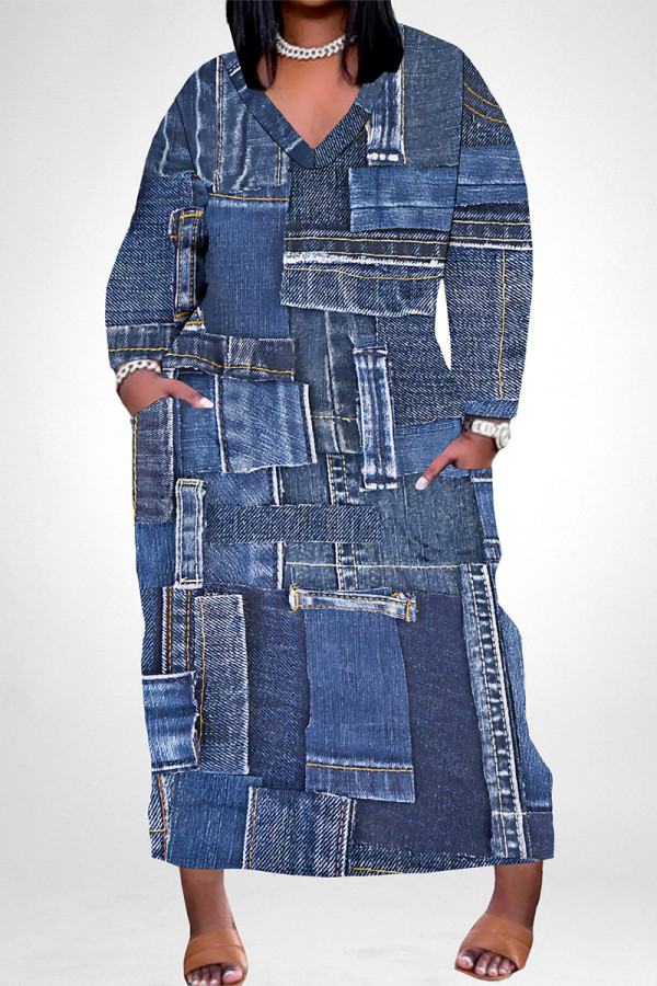 Dark Blue Street Faux Denim Print Pocket Contrast V Neck Printed Plus Size Dresses