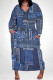Dark Blue Street Faux Denim Print Pocket Contrast V Neck Printed Plus Size Dresses