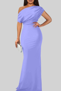 Light Purple Elegant Solid Color Patchwork Oblique Collar Long Dresses