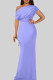 Light Purple Elegant Solid Color Patchwork Oblique Collar Long Dresses