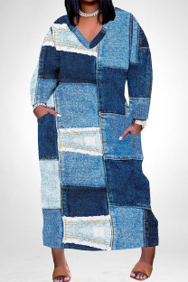 Blue Street Faux Denim Print Pocket Contrast V Neck Printed Plus Size Dresses