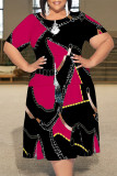 Black Sexy Colorblock Chain print Patchwork Contrast O Neck Printed Plus Size Dresses