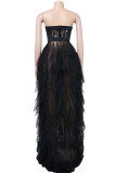 Red Sexy Solid Color Lace See-Through Mesh Strapless Long Dresses
