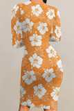 Orange Elegant Flowers Print Contrast O Neck Printed Dresses