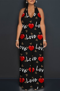 Black Red Street Love Print Letters Lace Up Backless Contrast Halter Loose Jumpsuits