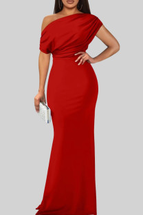 Red Elegant Solid Color Patchwork Oblique Collar Long Dresses