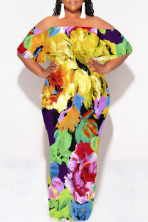 Yellow Sexy Floral Print fruit Ruffle Contrast Off Shoulder Printed Dresses