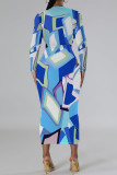 Pink Purple Elegant Geometric Print Bronzing Pattern Contrast O Neck Printed Dresses