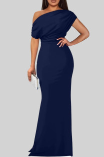 Tibetan Blue Elegant Solid Color Patchwork Oblique Collar Long Dresses