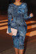 Gray Blue Casual Print Patchwork O Neck Wrapped Skirt Dresses