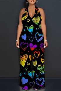 Colour Street Love Print Letters Lace Up Backless Contrast Halter Loose Jumpsuits